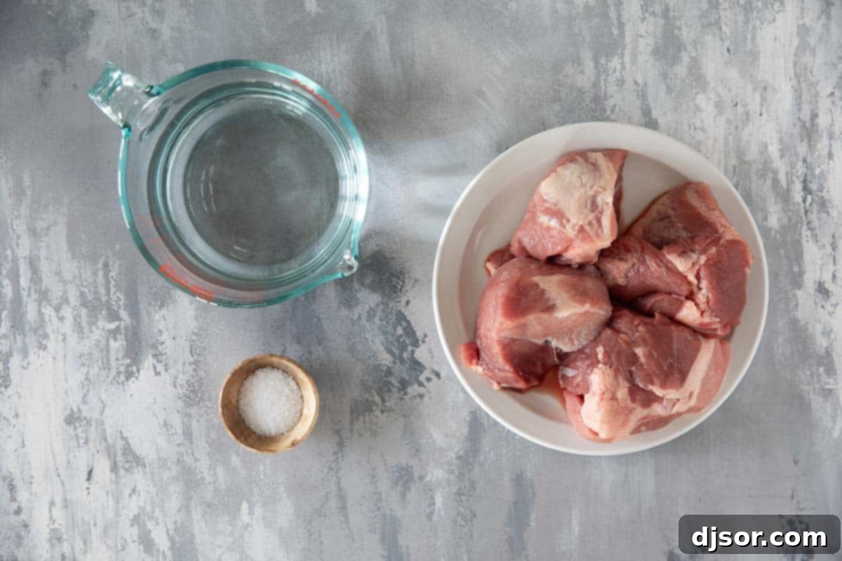 Slow-Roasted Crispy Pork Perfection 3 Minimal ingredients for Pork Carnitas: a cut of pork, salt, and water.