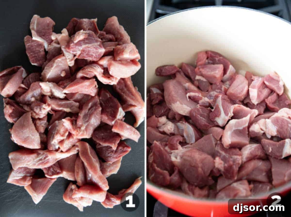 Slow-Roasted Crispy Pork Perfection 4 Cutting pork into even strips and adding them to a Dutch oven for cooking carnitas.