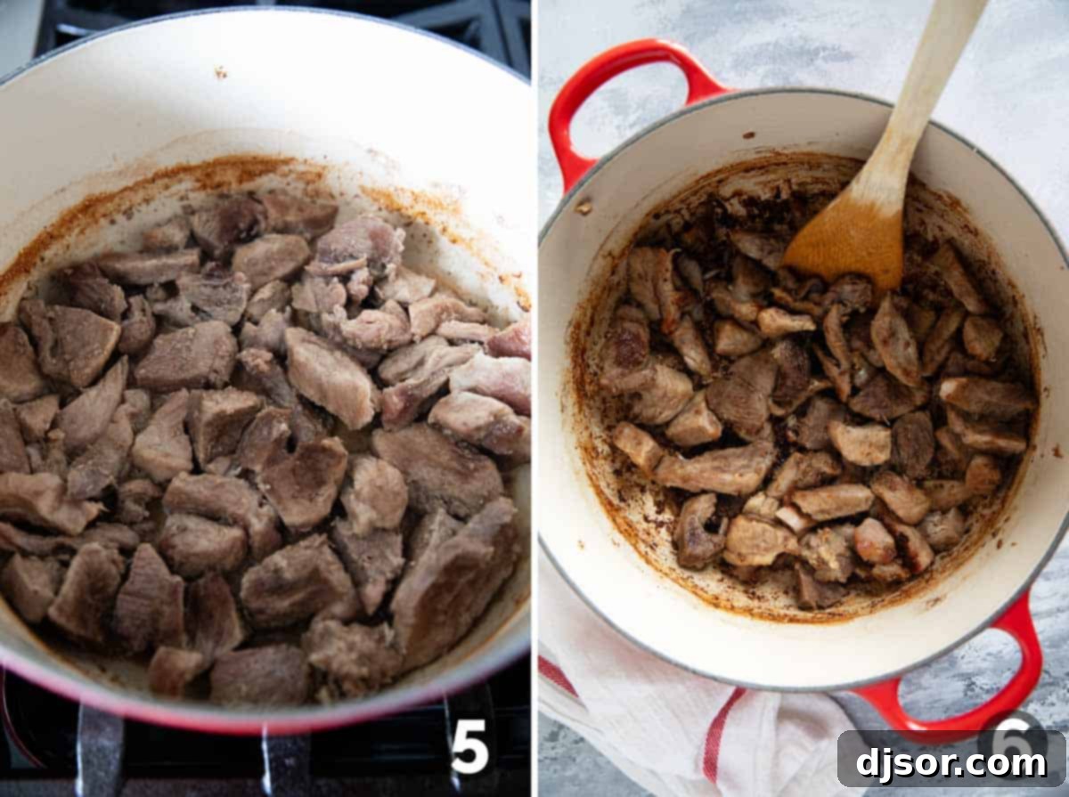 Slow-Roasted Crispy Pork Perfection 6 Pork Carnitas browning and crisping in rendered fat in a Dutch oven.