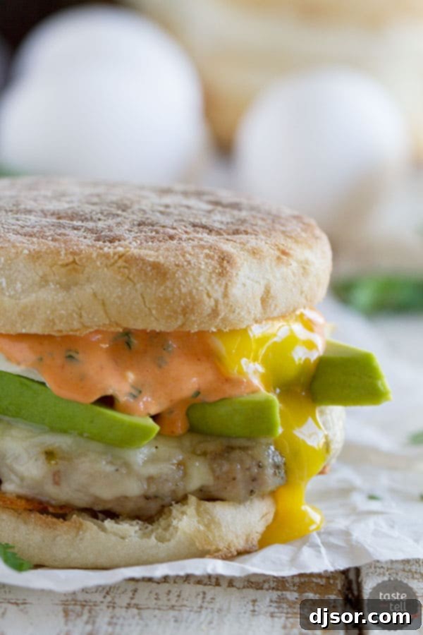 An array of ingredients for a breakfast sandwich including English muffins, homemade sausage patties, eggs, cheese, avocado, and Sriracha cilantro mayonnaise.