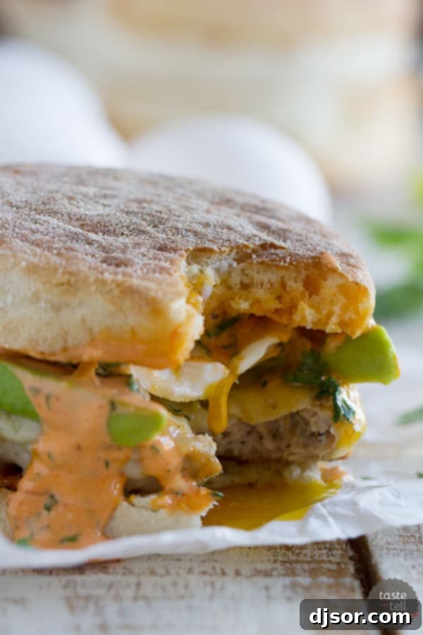 A close-up shot of the finished sausage and egg breakfast sandwich with Sriracha Cilantro Mayonnaise, ready to be enjoyed.