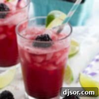 Zesty Blackberry Lime Fizz 2 Glass of Blackberry Lime Soda topped with fresh blackberries and a lime slice