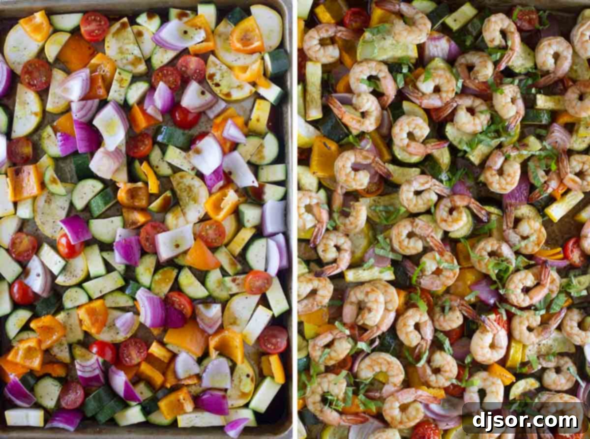 sheet pan with uncooked vegetables and sheet pan with cooked vegetables and shrimp