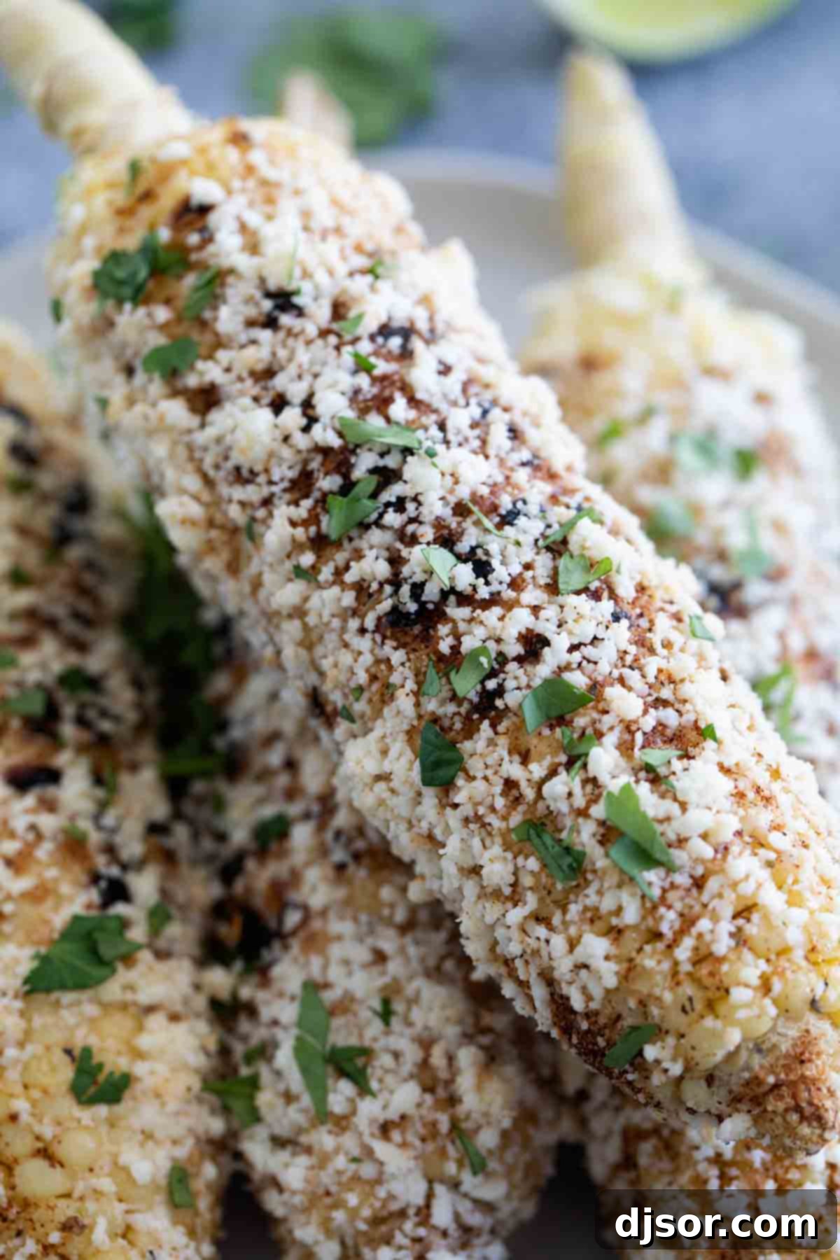 Toppings on grilled Mexican corn on the cob Close-up of grilled Mexican corn on the cob adorned with fresh cilantro, a sprinkle of spices, and rich Cotija cheese.