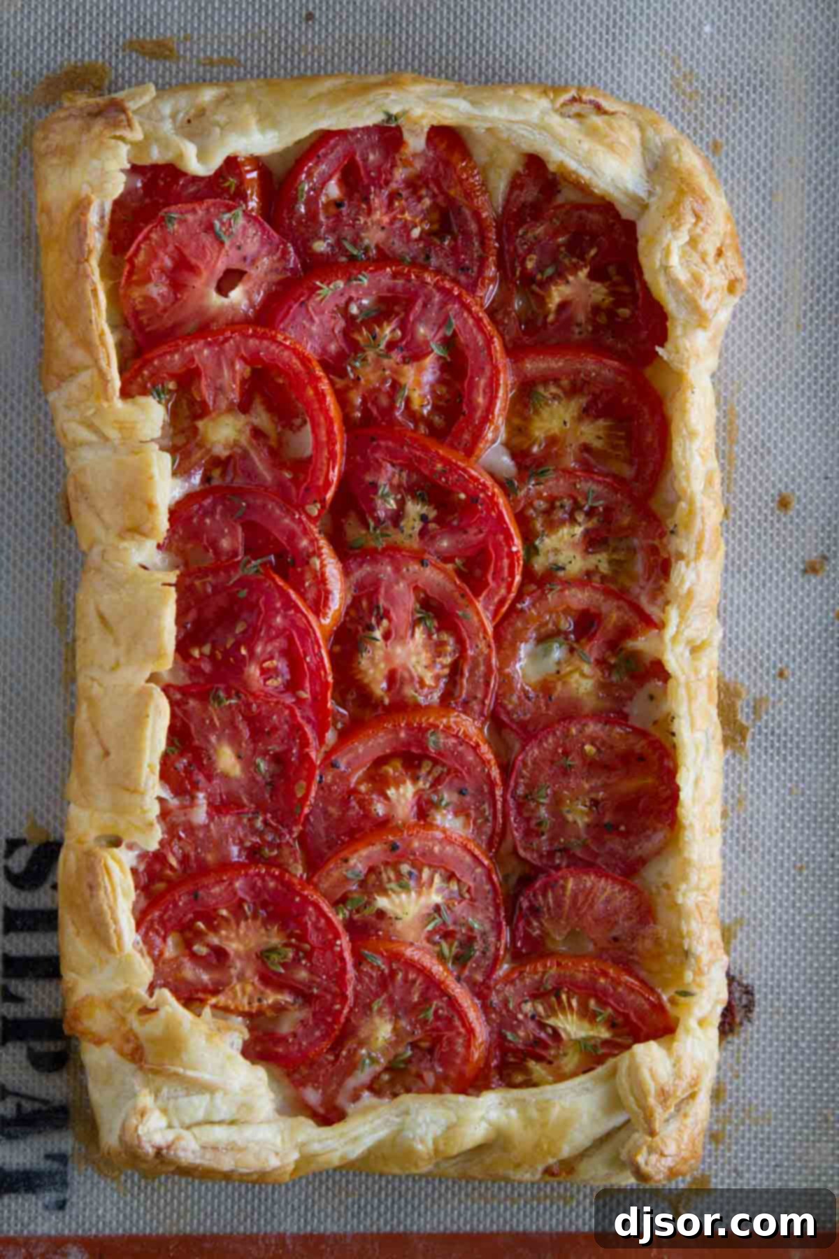 Overhead view of a freshly baked Tomato Tart with Bacon and Gruyere, showcasing the vibrant colors of tomatoes and golden crust.