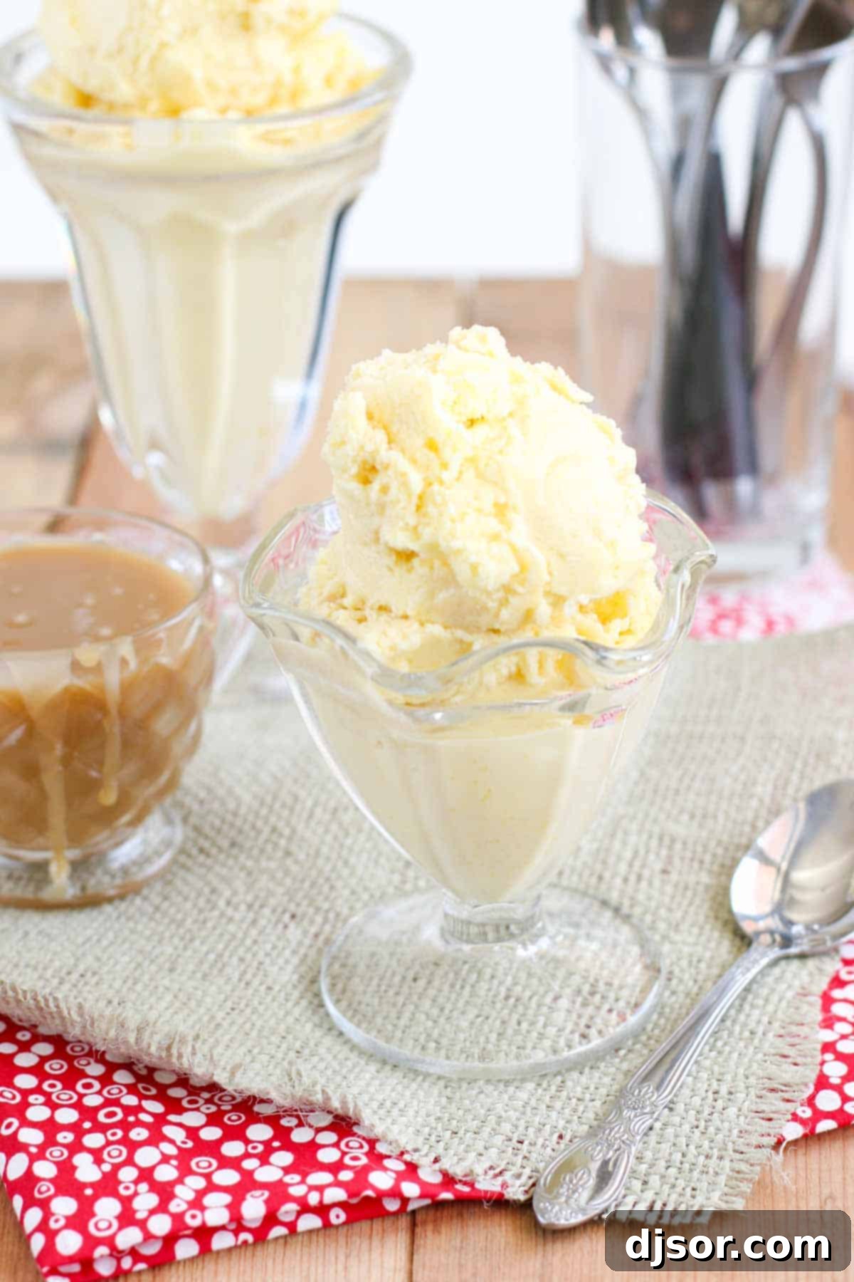 Ice cream cups filled with sweet corn ice cream with salted caramel.