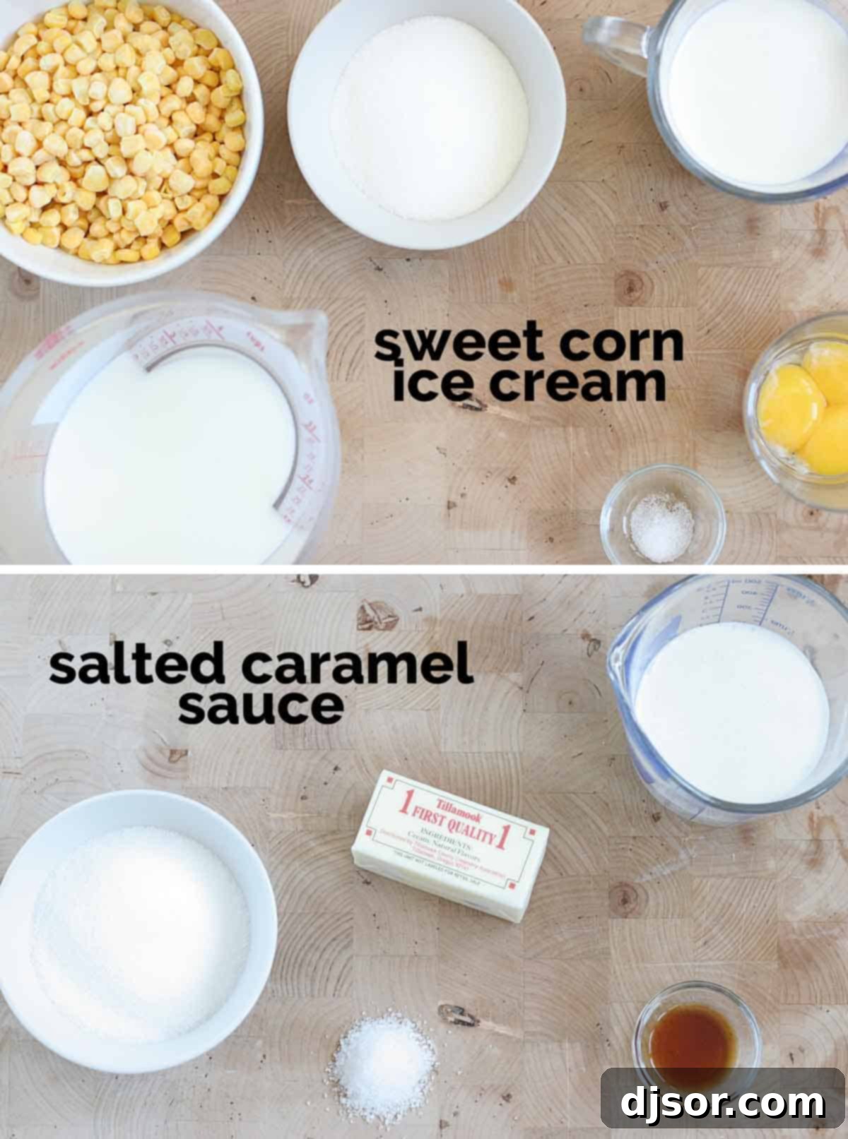 Ingredients to make sweet corn ice cream with salted caramel.
