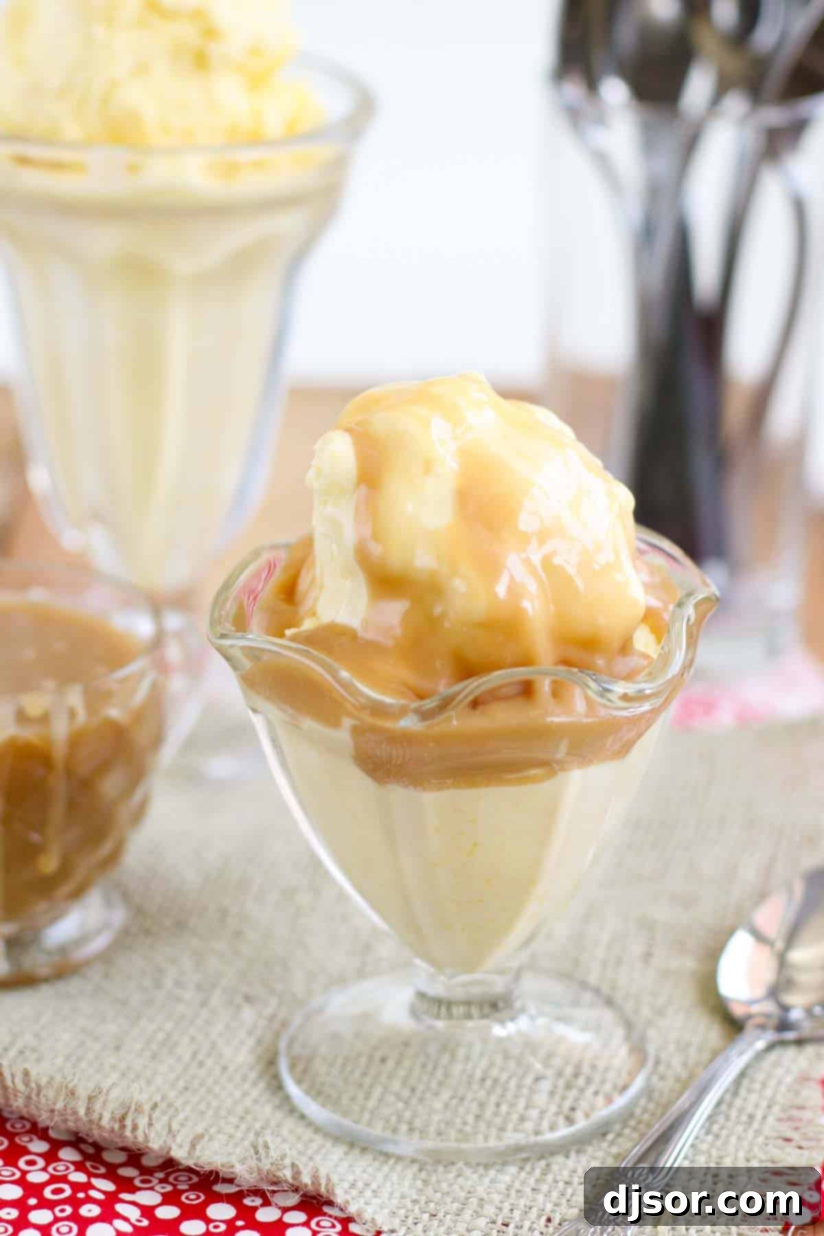 Sweet Corn Ice Cream with salted caramel sauce poured over the top.