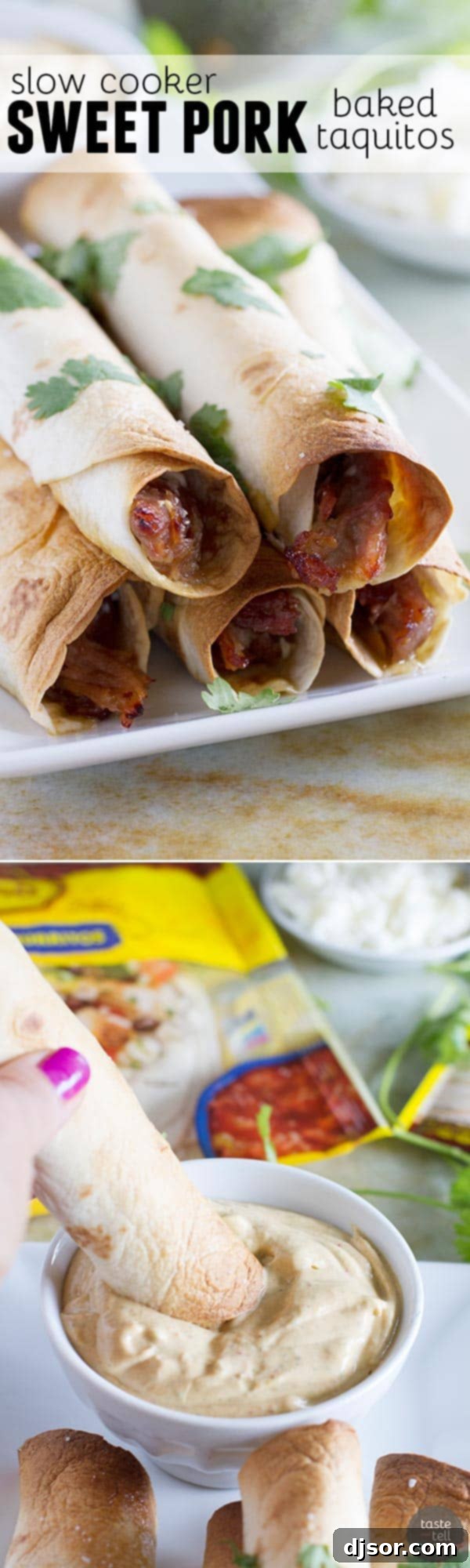 Pork gets slow cooked in a sweet and spicy sauce and then turned into an easy dinner with these Slow Cooker Sweet Pork Baked Taquitos.