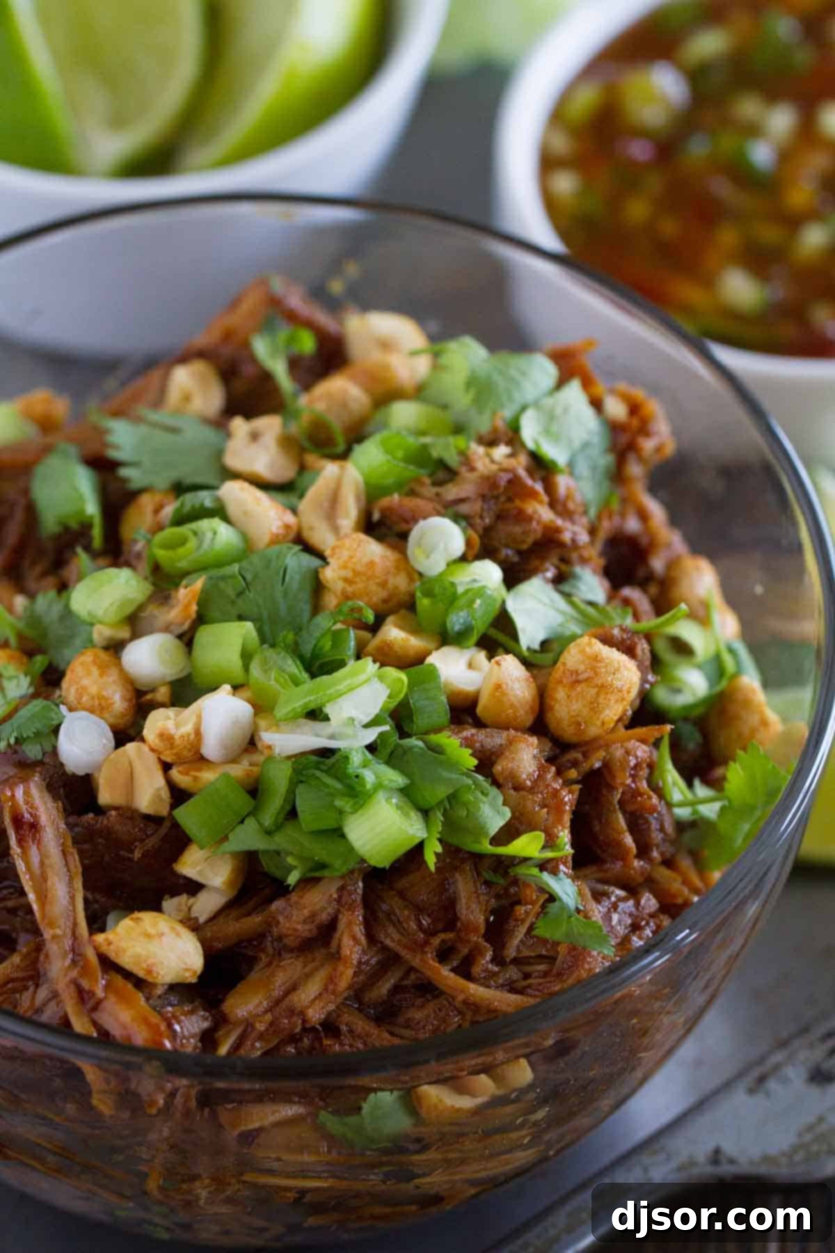 Smoky BBQ Pork Lettuce Cups 3 Delicious BBQ pork filling ready to be served in crisp lettuce leaves for BBQ Pork Lettuce Wraps.