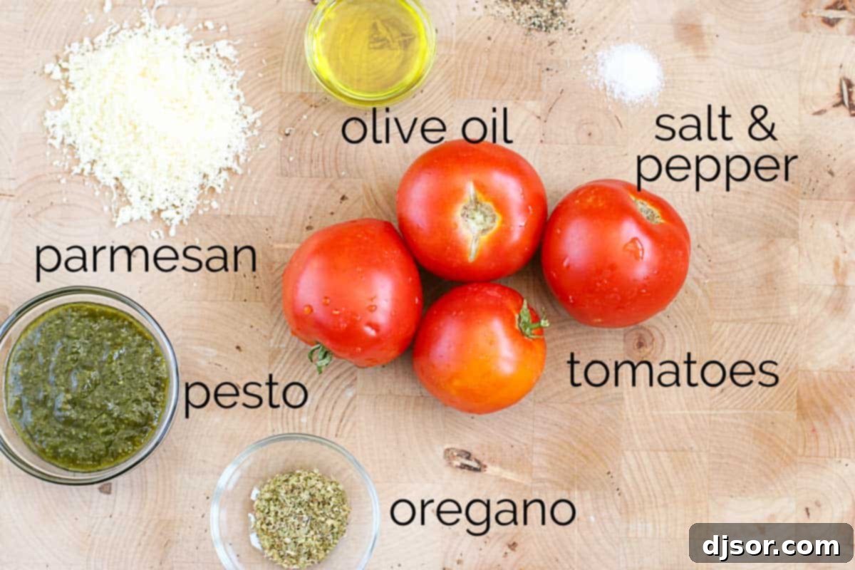 Gathering Fresh Ingredients for Roasted Tomatoes with Pesto Fresh ingredients for roasted tomatoes with pesto arranged on a counter: vibrant red tomatoes, a bowl of rich green basil pesto, and a wedge of Parmesan cheese.