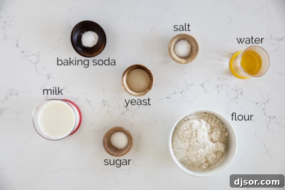 A collection of ingredients laid out, ready to be used for making crumpets.