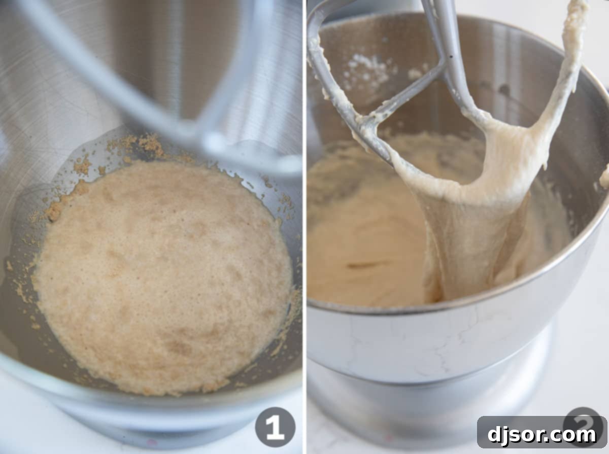 A visual guide showing the initial steps to combine milk, sugar, and yeast, followed by mixing in flour to create the crumpet batter.