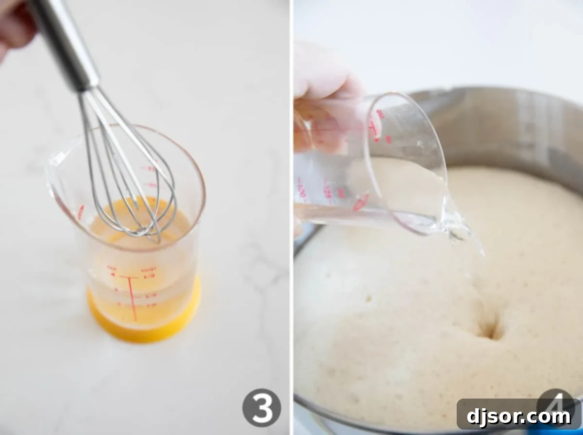 A visual guide showing water and baking soda being mixed, then added to the risen crumpet batter.