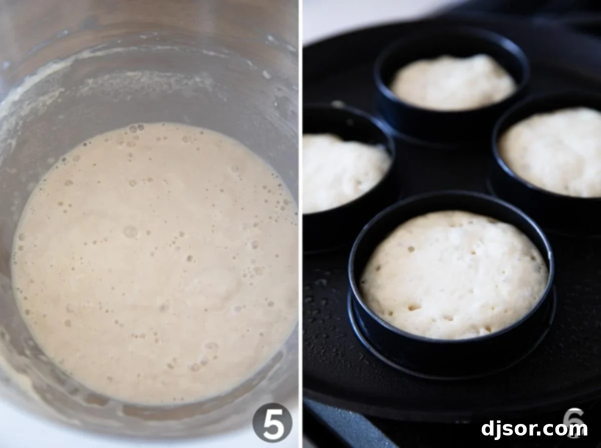 A visual guide showing crumpet batter ready for cooking and crumpets cooking in rings on a griddle.