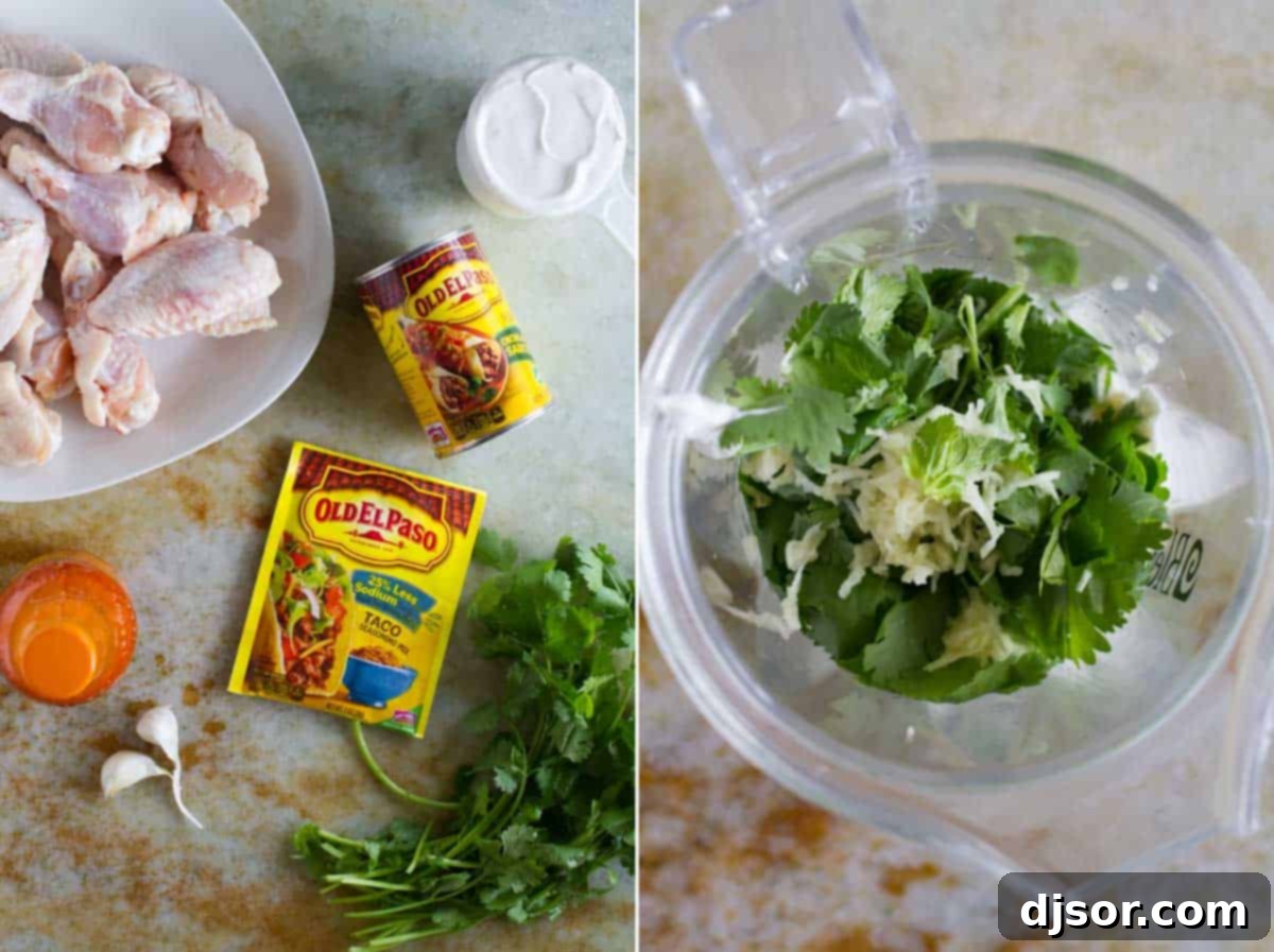Enchilada Inspired Chicken Wings 3 Ingredients for Enchilada Chicken Wings, and placing ingredients for dipping sauce into blender.