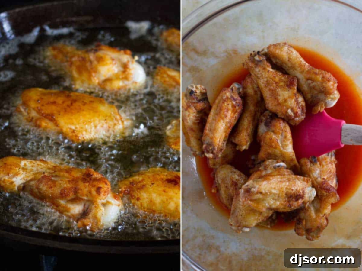 Enchilada Inspired Chicken Wings 5 Frying chicken wings and stirring cooked wings into sauce.