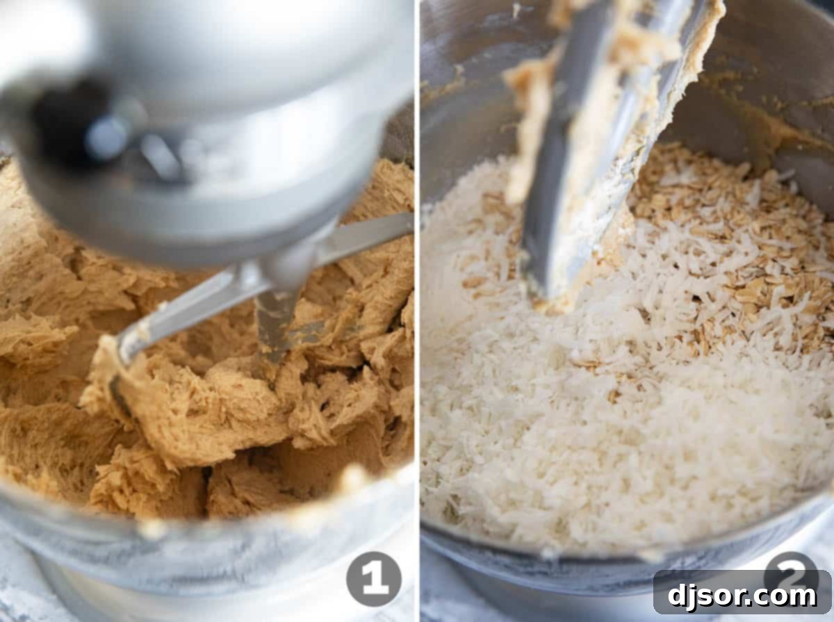 Ingredients being added to a stand mixer bowl for chocolate chunk oatmeal coconut cookies, showing the creaming process.