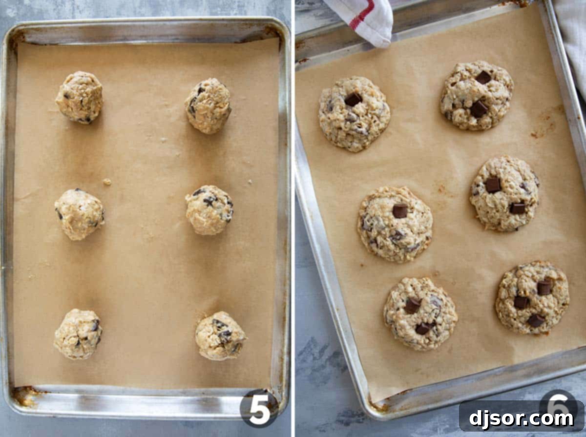 Unbaked cookie dough balls on a baking sheet next to freshly baked golden chocolate chunk oatmeal coconut cookies.
