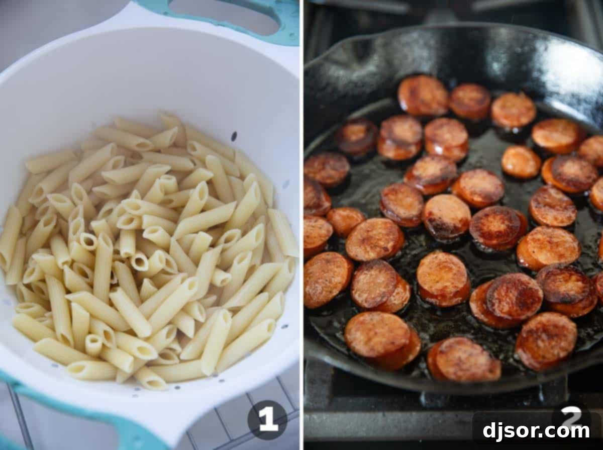 Hearty Cajun Sausage Pasta 4 Cooking pasta in one pot and browning sausage in a skillet for Cajun Sausage Pasta.