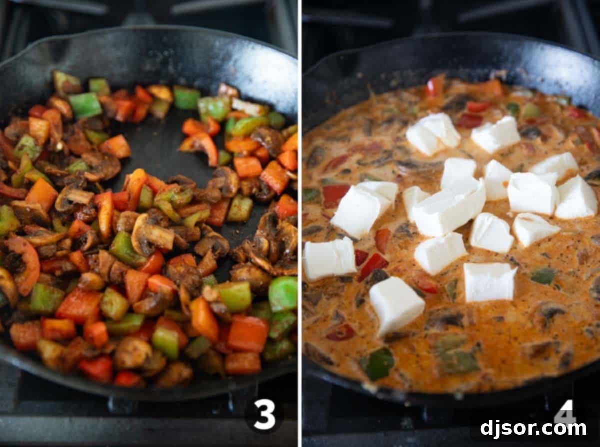 Hearty Cajun Sausage Pasta 5 Cooking vegetables with Cajun seasoning in a skillet, then adding sauce ingredients for pasta.