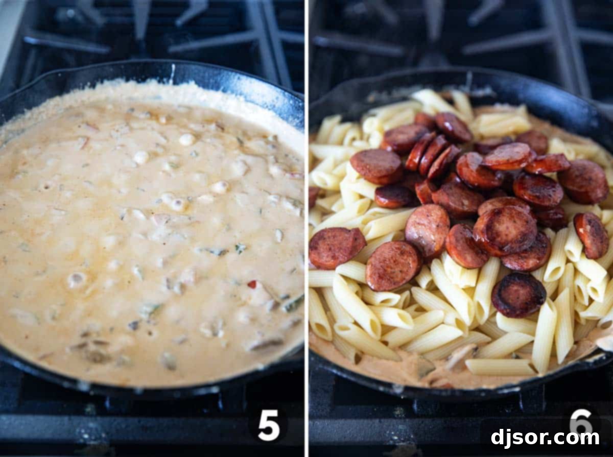 Hearty Cajun Sausage Pasta 6 Finishing the creamy sauce for Cajun sausage pasta, then adding cooked pasta and sausage to combine.
