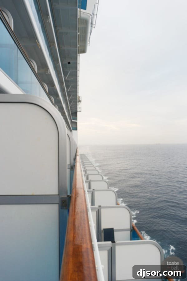 Ruby Princess Royal Voyage 6 Overview of a Ruby Princess deck, showcasing multiple seating areas and walkways.