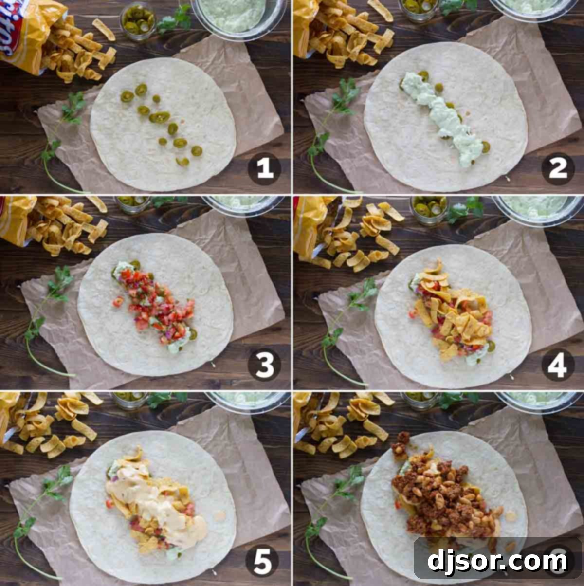 Frito Crunch Chili Burrito 3 Sequential steps illustrating the assembly of a Frito Pie Burrito with various ingredients.