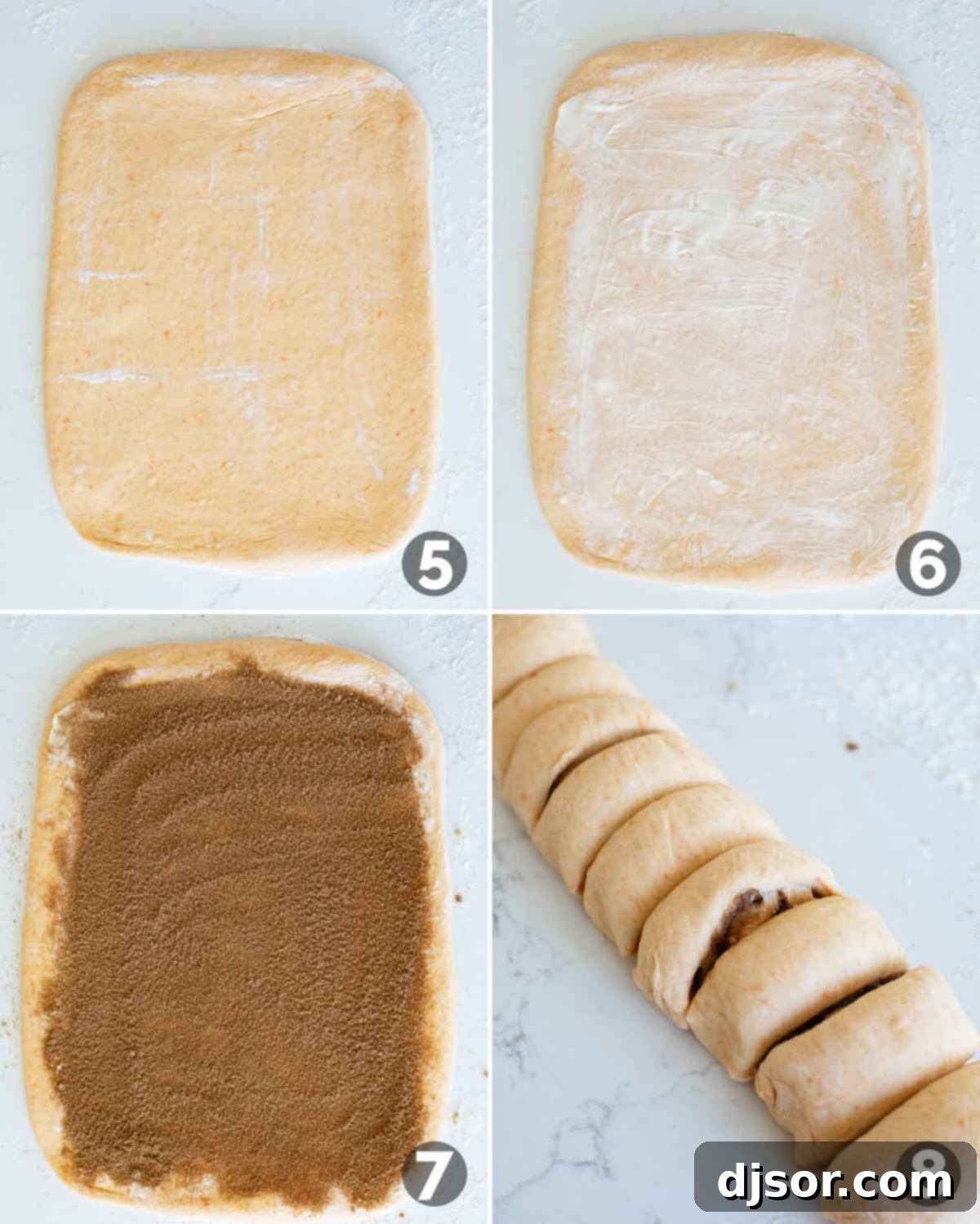 Rolling and shaping dough for Sweet Potato Cinnamon Rolls.