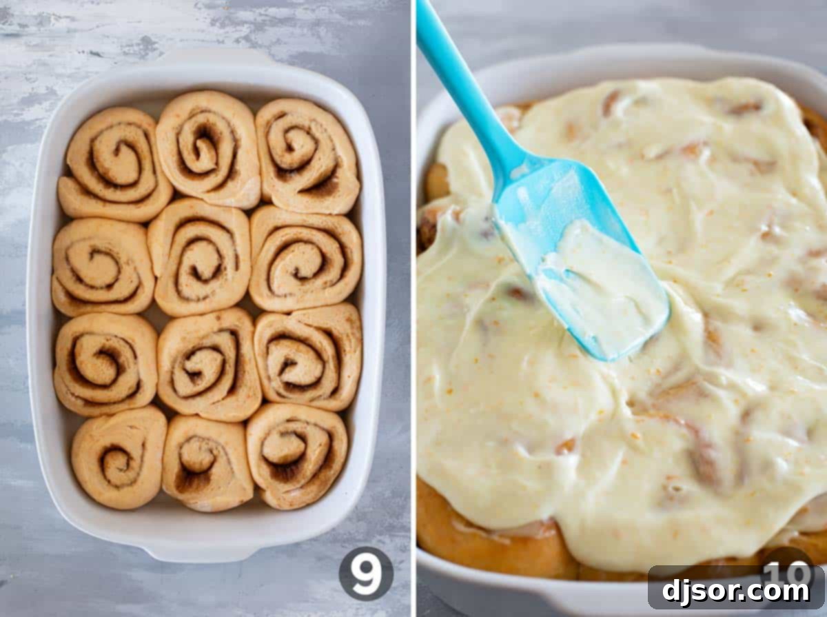 Risen sweet potato cinnamon roll dough in a casserole dish, and frosting baked rolls.