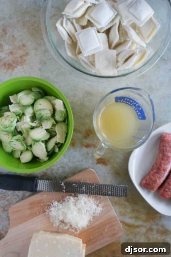 Effortless Sausage and Brussels Sprout Ravioli 3 Close-up shot of the Easy Ravioli with Sausage and Brussels Sprouts, highlighting the textures of the pasta and vegetables, perfect for a quick and easy meal.