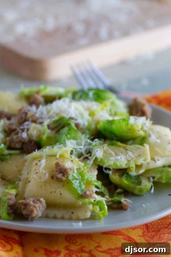 Effortless Sausage and Brussels Sprout Ravioli 4 A serving of Easy Ravioli with Sausage and Brussels Sprouts in a bowl, showing the simple yet delicious combination of ingredients.