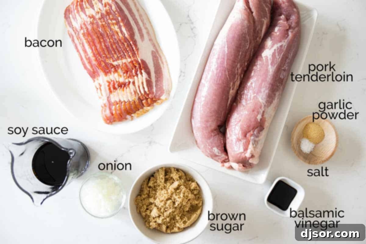 All the fresh ingredients laid out to make Bacon Wrapped Pork Tenderloin