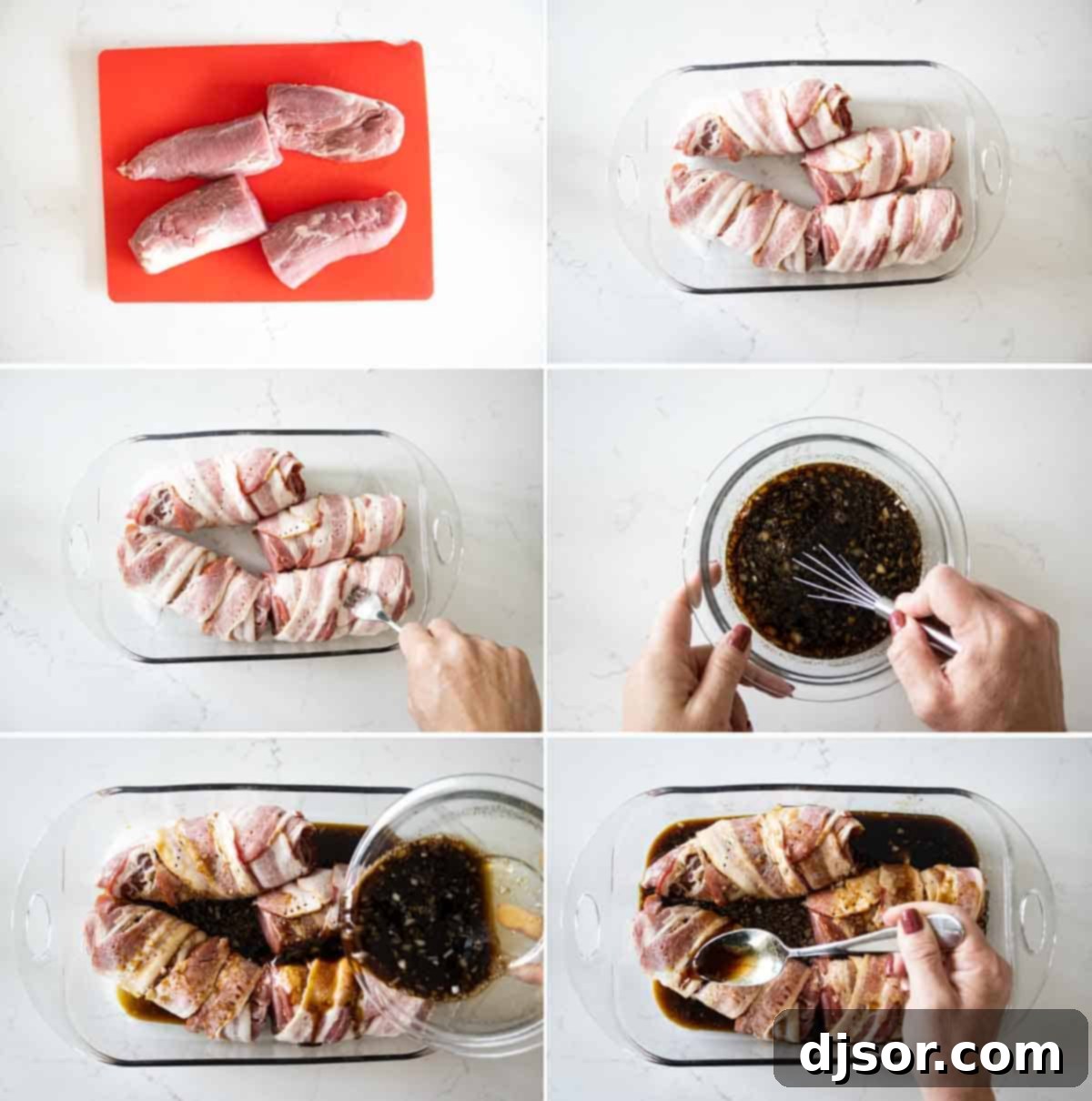 Step-by-step photos of preparing Bacon Wrapped Pork Tenderloin