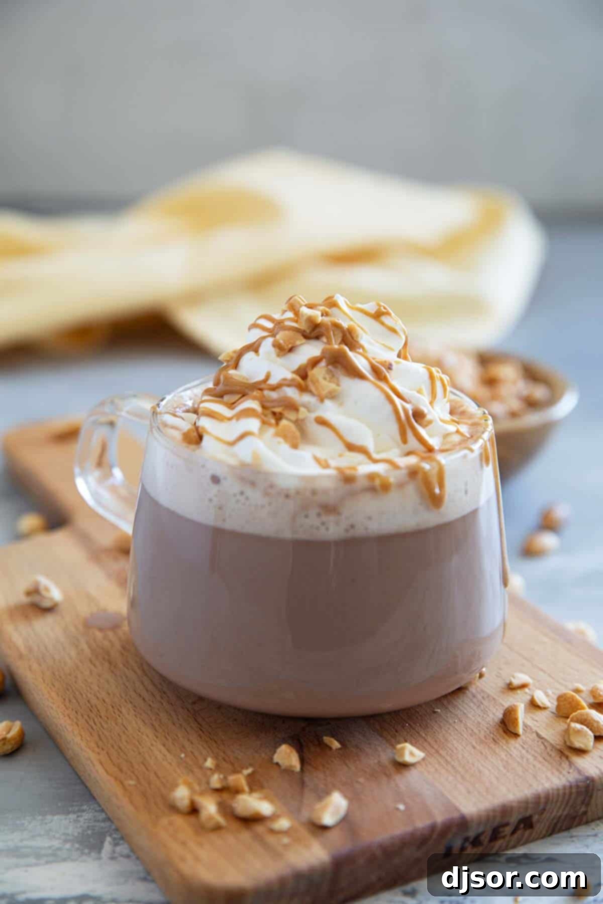Peanut Butter Chocolate Bliss 2 Glass mug filled with peanut butter hot chocolate, topped with whipped cream, peanut butter, and chopped peanuts.