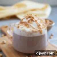 Peanut Butter Chocolate Bliss 7 Glass mug filled with peanut butter hot chocolate, topped with whipped cream, peanut butter, and chopped peanuts.