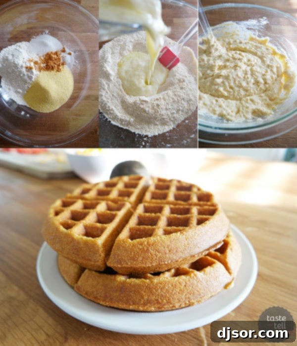 Step-by-step image showing how to make Taco Cornbread Waffles, highlighting the process of cooking the waffle base.