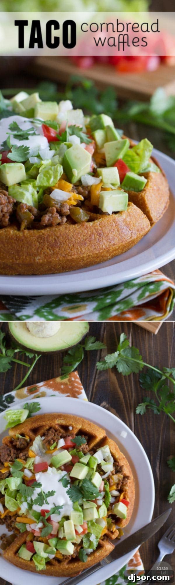 Overview shot of the complete Taco Cornbread Waffles spread with all toppings, a festive taco night feast.