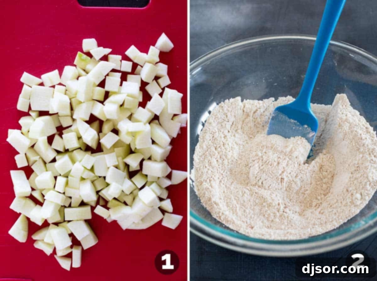 Golden Apple Delights 4 Close-up of diced apples in a bowl and dry ingredients being combined in another bowl for apple fritters.