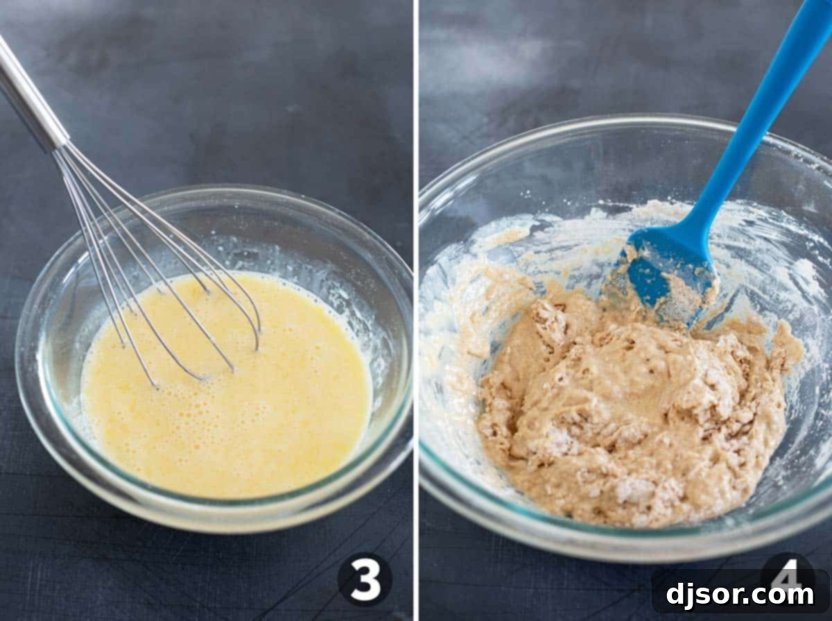 Golden Apple Delights 5 Combining wet and dry ingredients for apple fritters, then mixing in the apples and preparing the glaze.