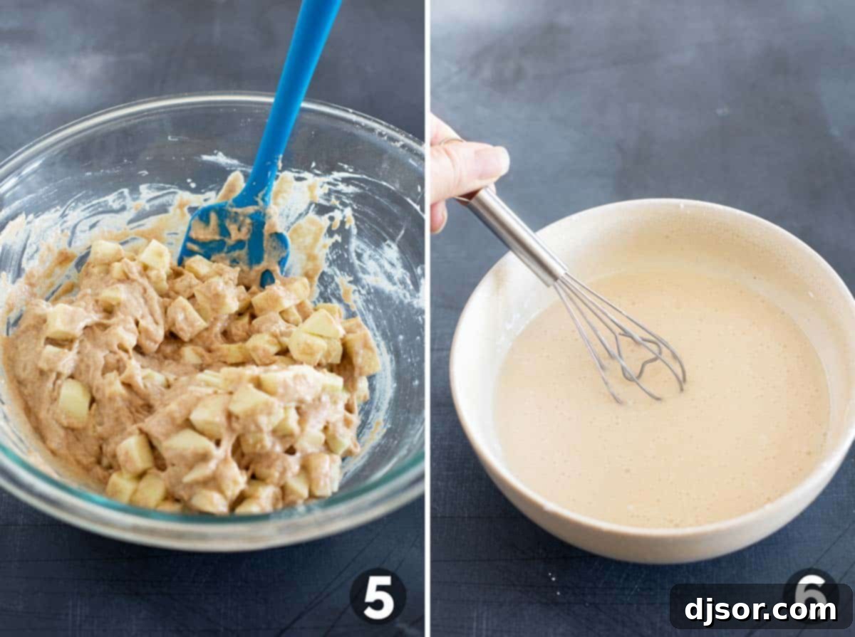 Golden Apple Delights 6 Apples being stirred into the fritter batter, followed by a bowl of freshly mixed glaze.