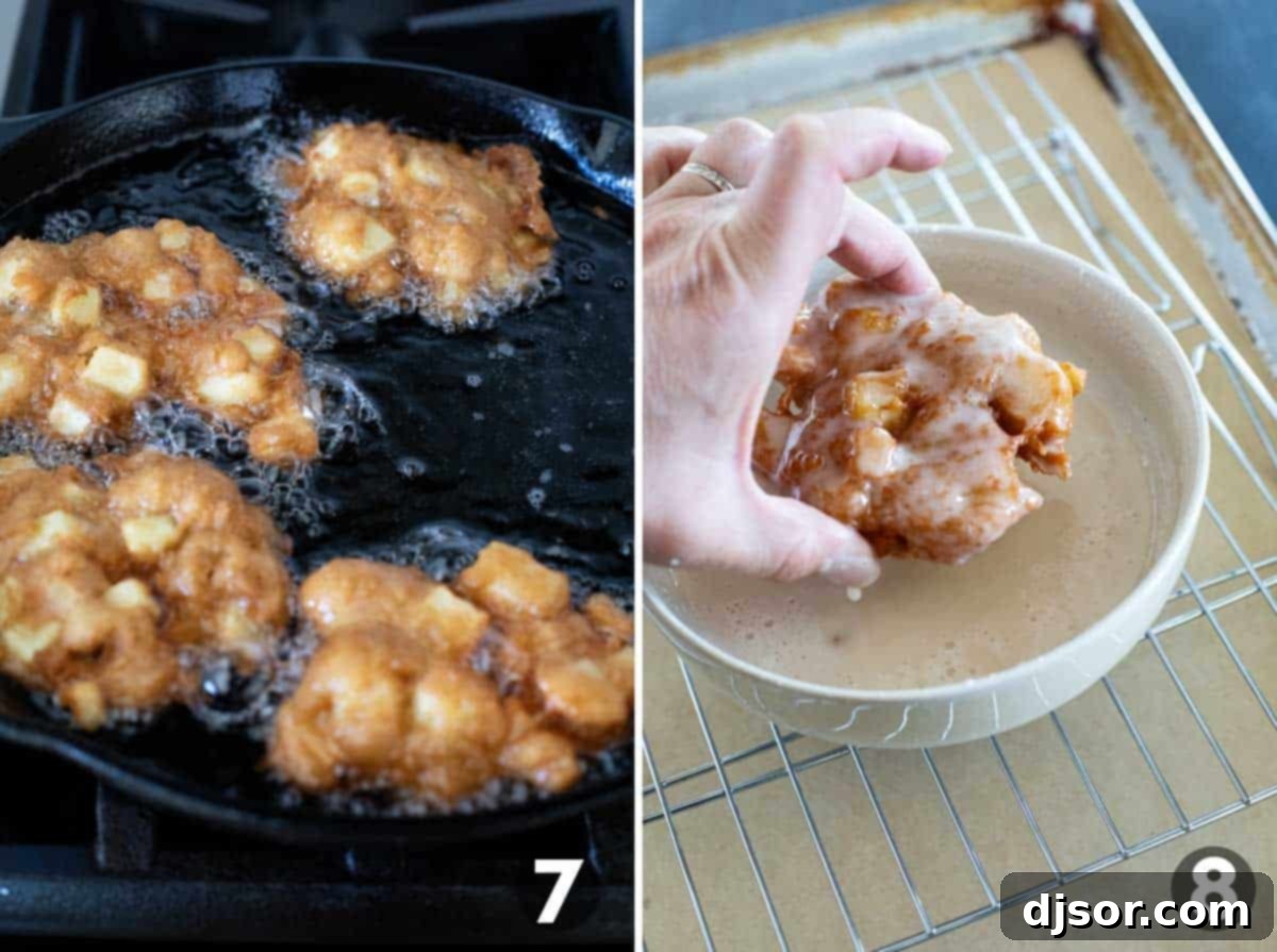Golden Apple Delights 7 Apple fritters being fried to golden perfection in a cast iron pan, and one fritter being dipped in the sweet glaze.