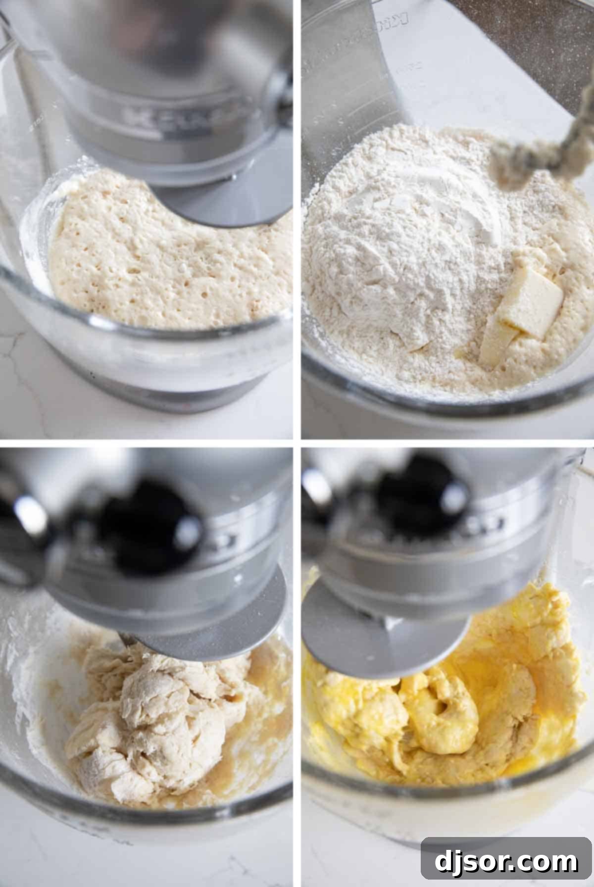 Hands mixing ingredients in a stand mixer to form the dough for crescent rolls.