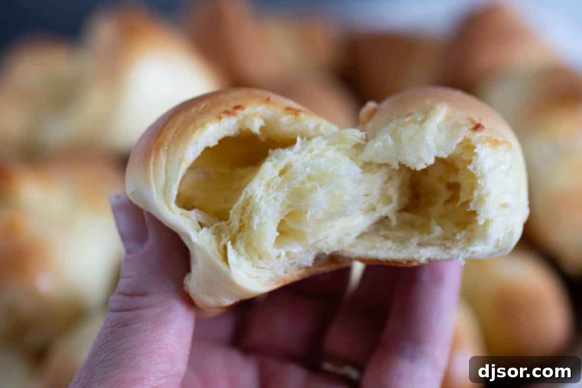 A freshly baked crescent roll, torn open to reveal its soft, airy texture and melted cheese inside.