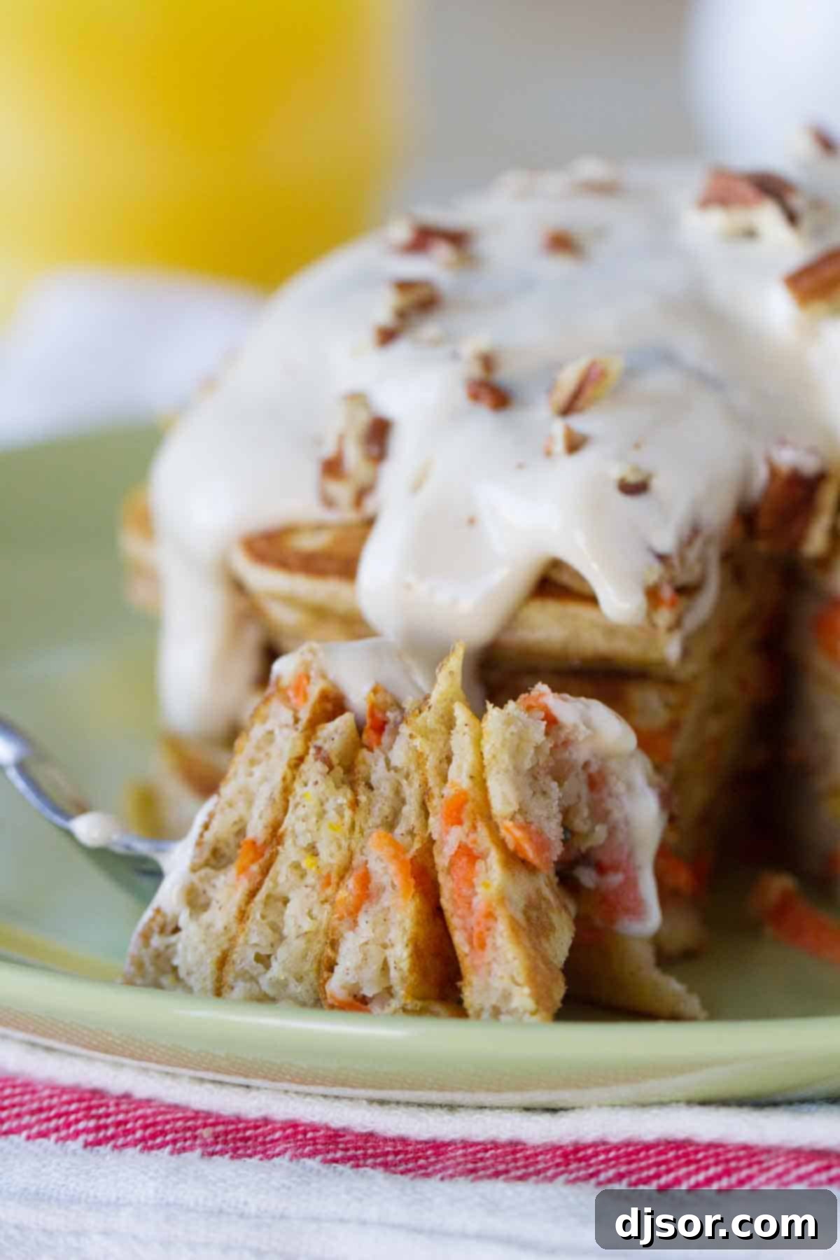 forkful of carrot cake pancakes showing interior