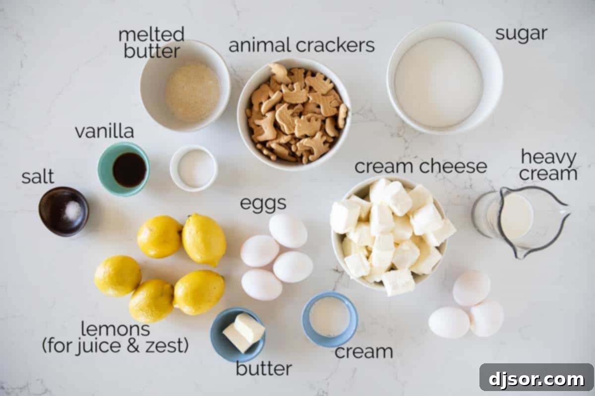 An overhead shot displaying all the fresh, high-quality ingredients needed to bake a delicious homemade lemon cheesecake.