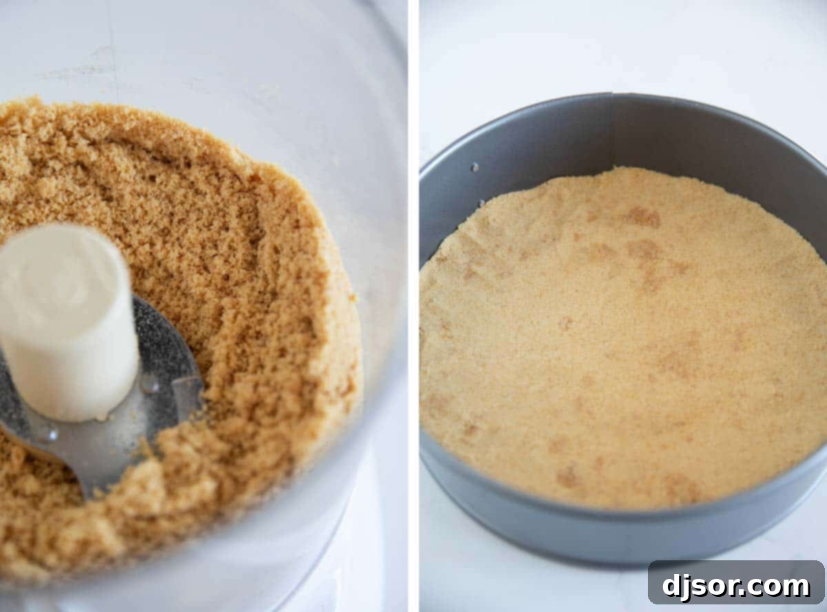 Crushing animal crackers in a food processor to create a perfectly textured cheesecake crust.