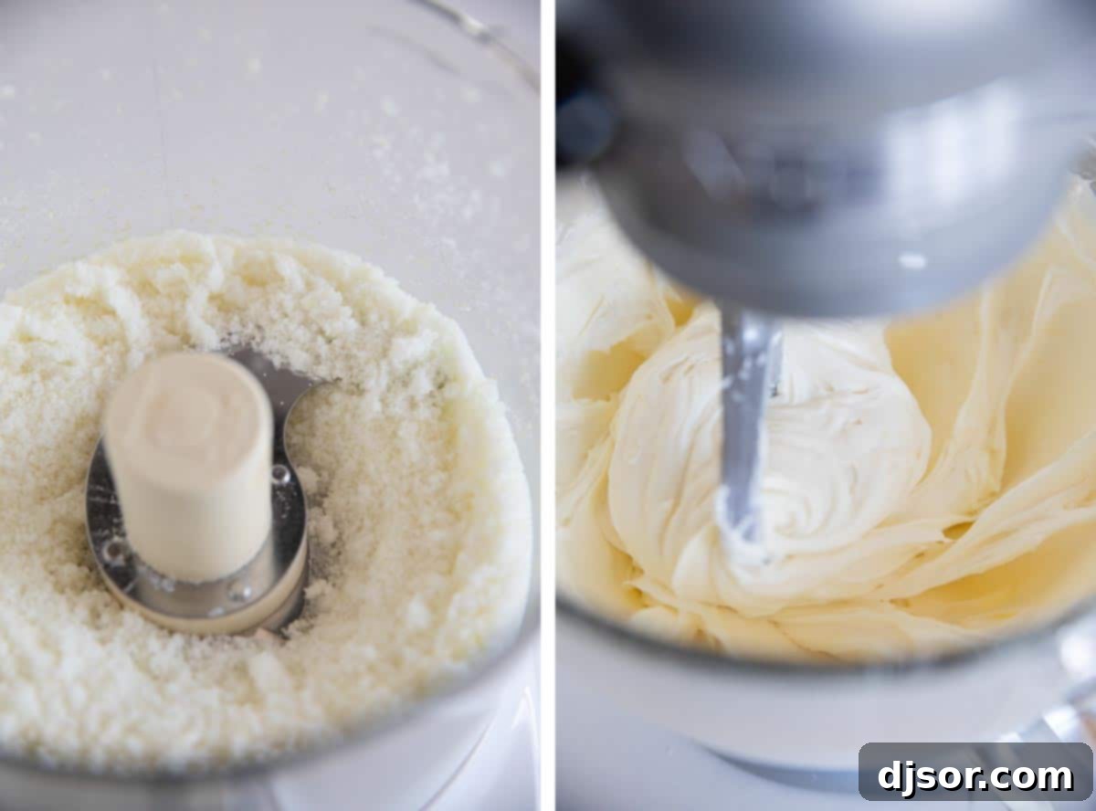 Preparing the creamy lemon cheesecake filling in a stand mixer, demonstrating the smooth consistency.