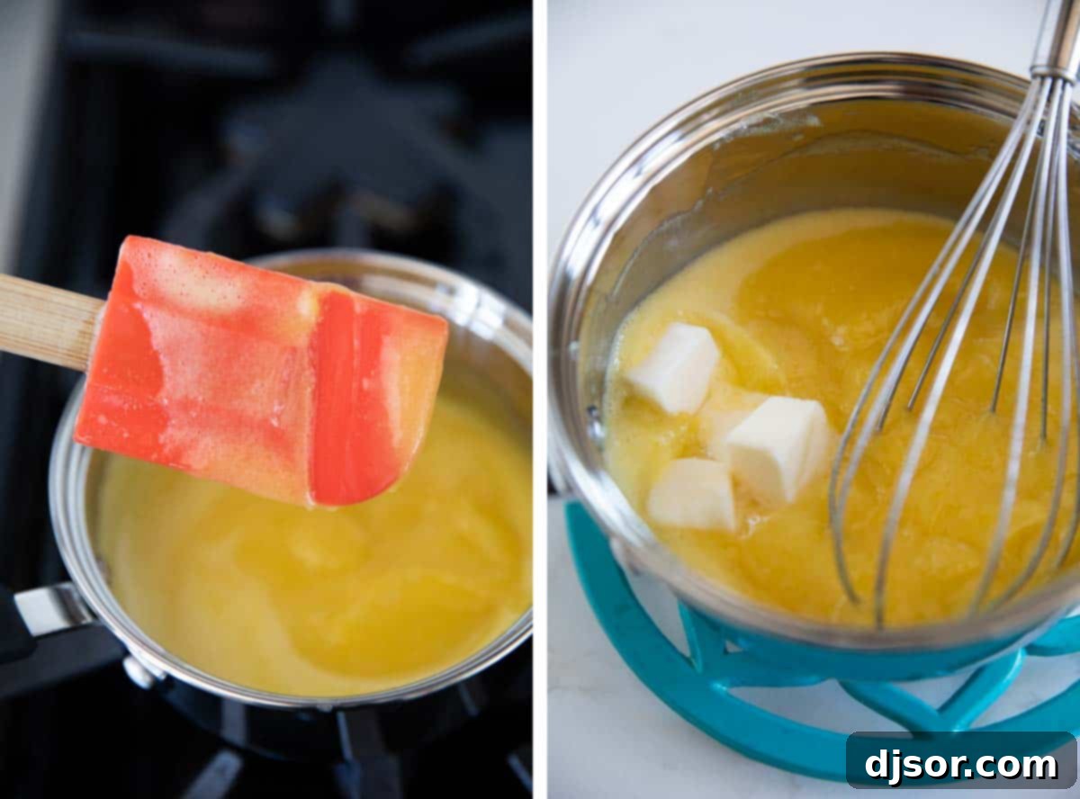 Lemon juice simmering in a saucepan with eggs, sugar, and butter, being whisked to create a smooth homemade lemon curd.