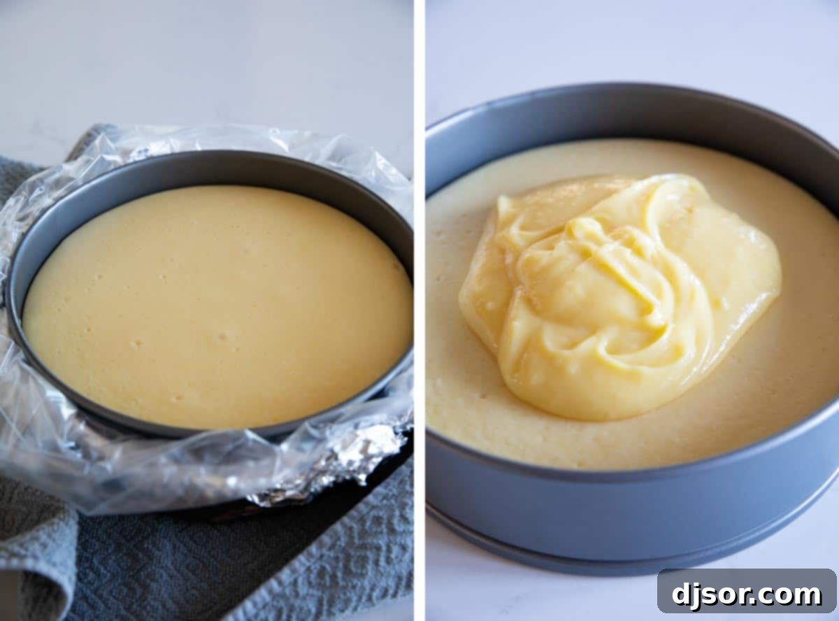 Luscious homemade lemon curd being spread evenly over a chilled lemon cheesecake in a springform pan.